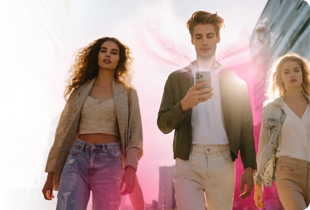 Three young adults walking confidently outdoors with a pink signal-wave graphic overhead, representing mobile connectivity and consumer engagement for TrueSignal's telecommunications services