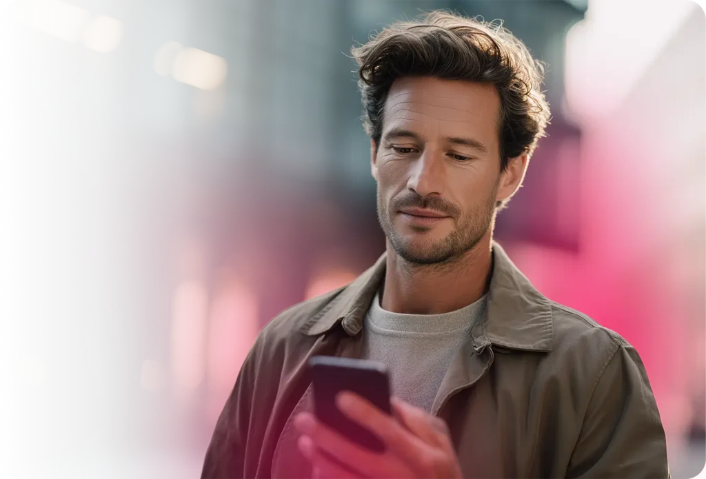 Young man in a khaki jacket looking down at a smartphone against a softly blurred urban background with pink bokeh lighting, representing mobile data engagement and consumer telecom use cases