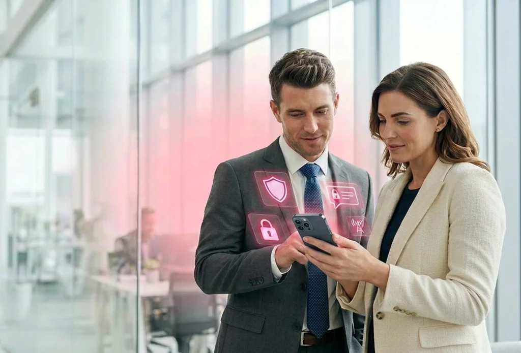 Two business professionals reviewing on-device mobile security on a smartphone, surrounded by pink shield, padlock, message and antenna icons representing TrueShield fraud protection