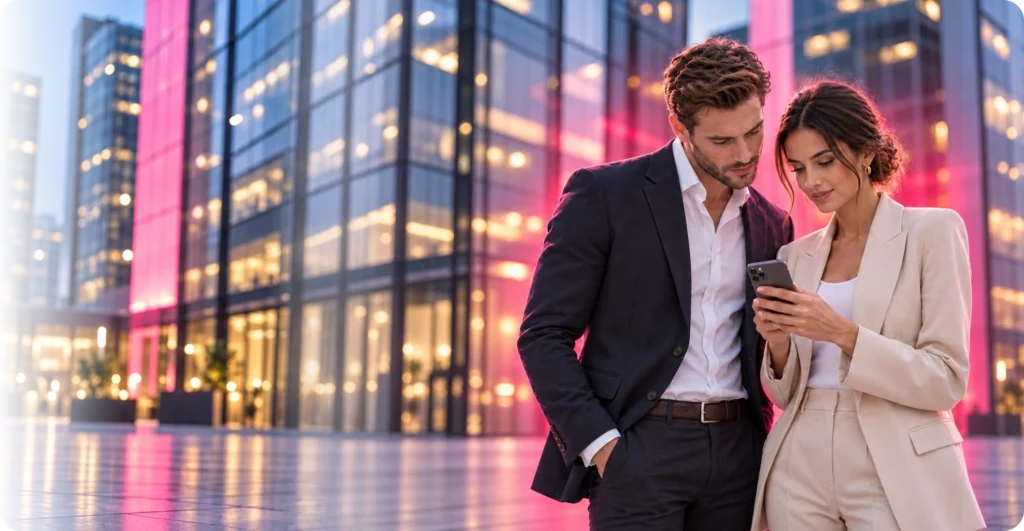Business-casual professionals reviewing a smartphone outside modern office buildings, illustrating TrueSignal Acquire customer acquisition technology.
